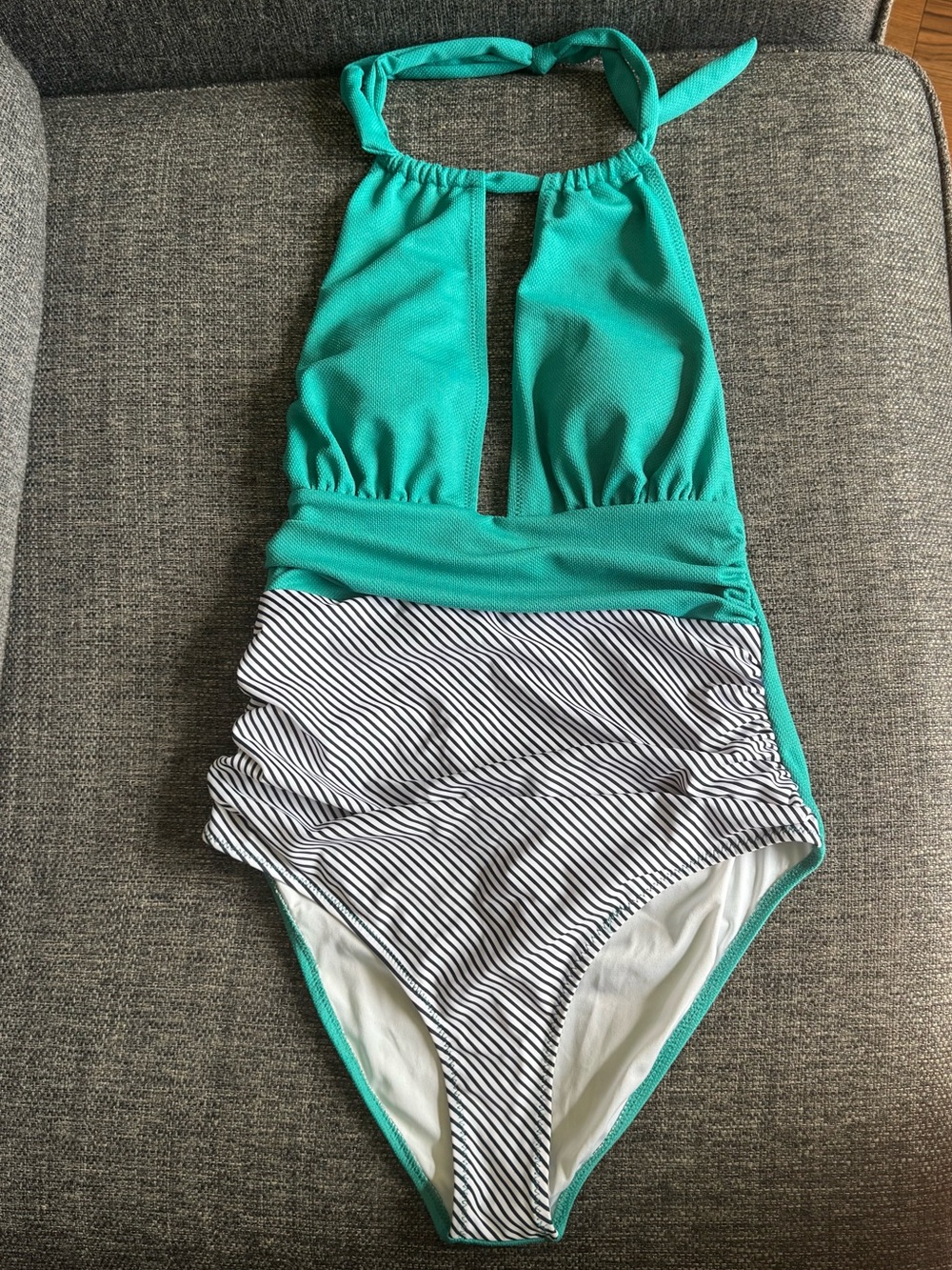 Cupshe Teal Halter One-Piece with Black & White Stripes